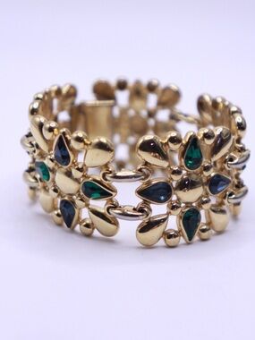 Vintage Sandi Miller Gold Tone Bracelet, Green & Blue Swarovski Crystals 7”